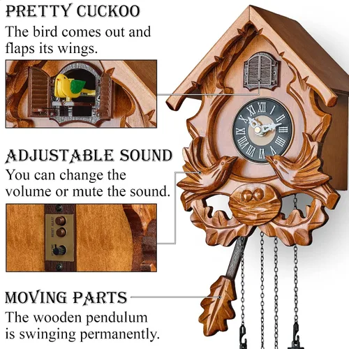 Vista 3 de TIMEGEAR Reloj de cuco con modo nocturno, pájaro cantante y decoraciones de madera tallada (cereza)