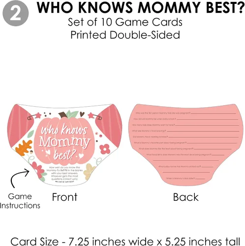 Vista 5 de Big Dot of Happiness Girl Little Pumpkin - 4 juegos de baby shower de otoño - 10 cartas cada uno - Quién sabe mejor a mami, cuestionario de mamá