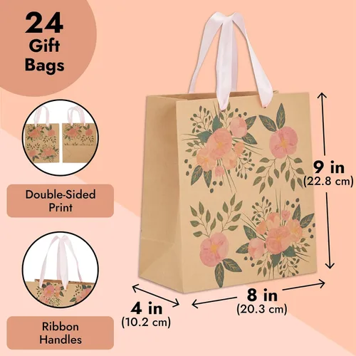 Vista 4 de Juvale Bolsas de regalo florales – Parte inferior reforzada y asas de cinta – Bolsas de recuerdo de fiesta – 8 x 4 x 9 pulgadas, paquete de 24