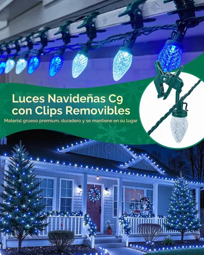 Vista 2 de Luces LED C9 de Navidad para exteriores con 100 clips de resorte, tira de 100 luces LED C9 de 65 pies, impermeables, conectables para techo, patio