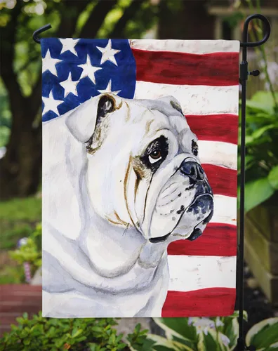 Vista 3 de Caroline's Treasures LH9019GF Bandera de Estados Unidos con bandera de jardín de bulldog inglés, bandera decorativa para patio exterior, patio