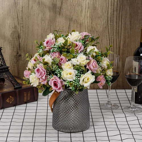 Vista 7 de Flores artificiales, 5 racimos, 12 rosas pequeñas de seda falsa, arreglo de flores de plástico para ramos de boda, decoración del hogar, centros