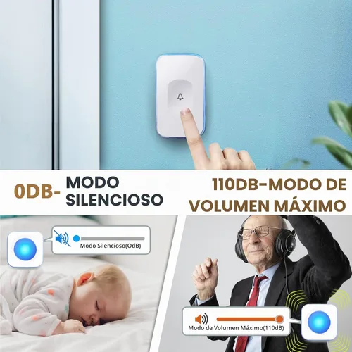 Vista 8 de Timbre inalámbrico para el hogar, timbre con discapacidad auditiva, 2 botones y 3 receptores, luz intermitente, timbre inalámbrico para oficina