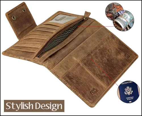 Vista 5 de Mou Meraki Cartera larga con bloqueo RFID de cuero genuino - Vintage Bifold para hombres (COGNAC antiguo)