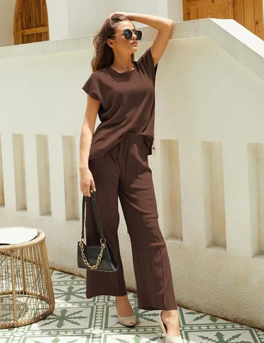Vista 2 de Zaxqunty Conjuntos de 2 piezas para mujer, conjuntos de suéter, chaleco de punto, pantalones de cintura elástica