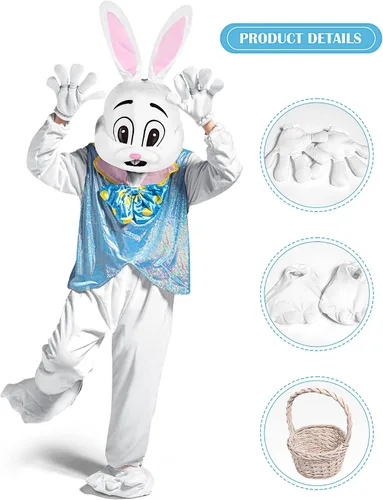 Vista 3 de Syhood Disfraz de conejo de Pascua para adultos, disfraz de conejo blanco, disfraz de mascota para hombres y mujeres, suministros de fiesta