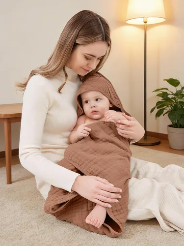 Vista 3 de Toallas de baño de muselina con capucha para bebé, paquete de 3 toallas 100% algodón ultrasuaves para recién nacidos, bebés, niños pequeños, 32 x 32