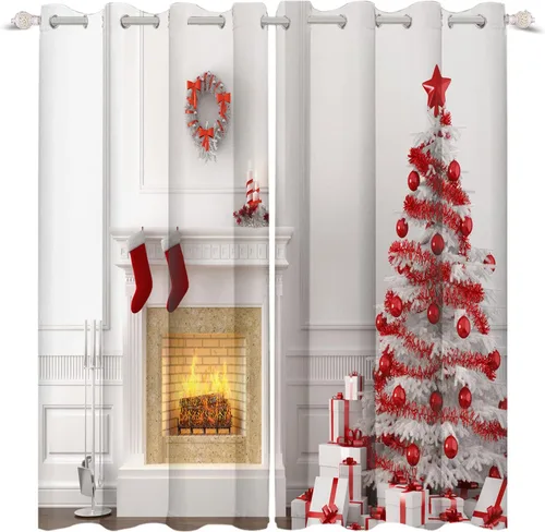 Vista 26 de Renaiss Cortinas opacas de Navidad con tablones de madera rústica para dormitorio, con ojales, estampado de copos de nieve navideños, cortinas