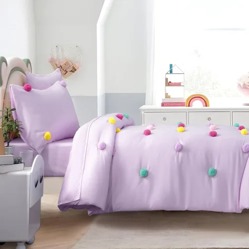 Vista 4 de HOMBYS - Juego de colcha con pompones para niñas, 5 piezas, estilo bohemio, para todas las estaciones, tamaño individual/individual XL, color púrpura