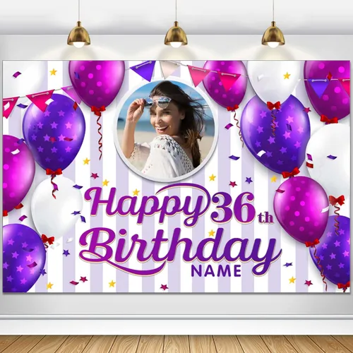 Vista 43 de Cartel decorativo personalizado de feliz cumpleaños número 100, personalización disponible, morado, tamaño grande - Fotos y nombres personalizados
