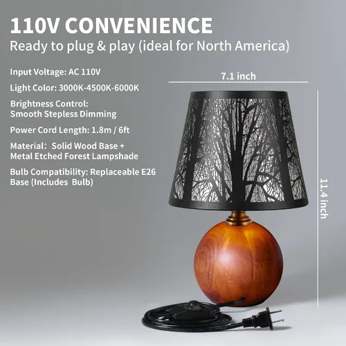 Vista 3 de Lámpara de mesa pequeña de bosque rústico de 11.4 pulgadas, base de madera maciza y pantalla de árbol de metal con lámpara de noche regulable de 3