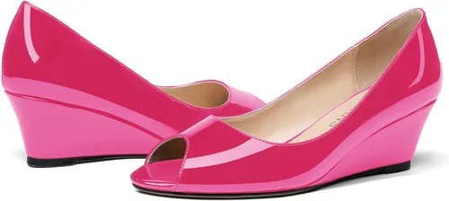 Vista 6 de WAYDERNS Zapatos de tacón bajo con cuña de charol y puntera abierta para mujer de 2 pulgadas