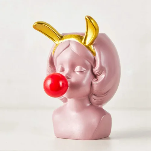 Vista 5 de Pequeño florero de resina nórdica linda chica chicle estatua figura suculenta planta maceta moderna decoración del hogar soporte para bolígrafo
