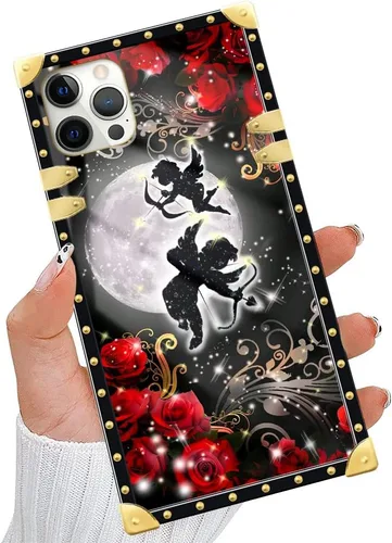 Vista 6 de DAIZAG Funda compatible con iPhone 15, funda de regalo dorada a prueba de golpes, ángeles bajo la luz de la luna rosa