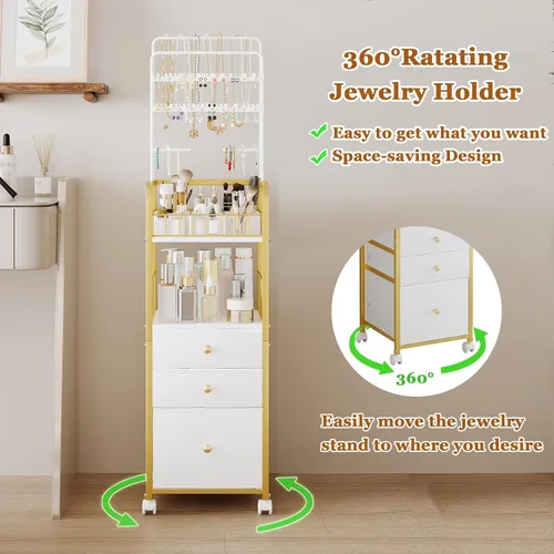 Vista 5 de Carrito organizador de maquillaje con 3 cajones, organizadores de joyas y almacenamiento para collar de aretes, organizador de almacenamiento grande
