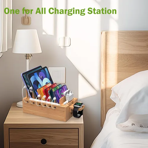 Vista 6 de Estación de carga de bambú Pezin & Hulin con 5 puertos USB y 5 cables All-in-One, 5-Port USB HUB Included, 8-Device Organizer, Natural Bamboo, #1
