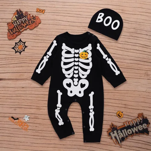 Vista 2 de 2PC Baby Boys Girls Skeleton Halloween Costume Jumpsuit Pumpkin Romper Outfits with Hat