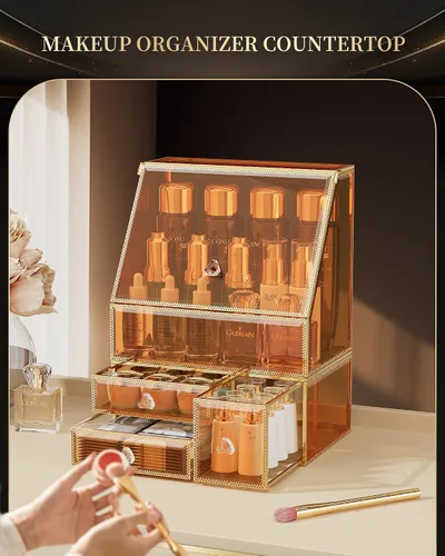 Vista 2 de CoralHouse Organizador de maquillaje, organizador de maquillaje ámbar con cajón, soporte para el cuidado de la piel para encimera de baño, vitrina
