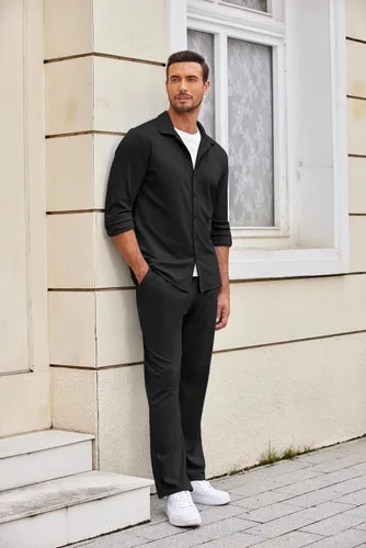 Vista 4 de COOFANDY Conjunto de 2 piezas para hombre, camisa de manga larga con botones, sin arrugas, camisas elásticas