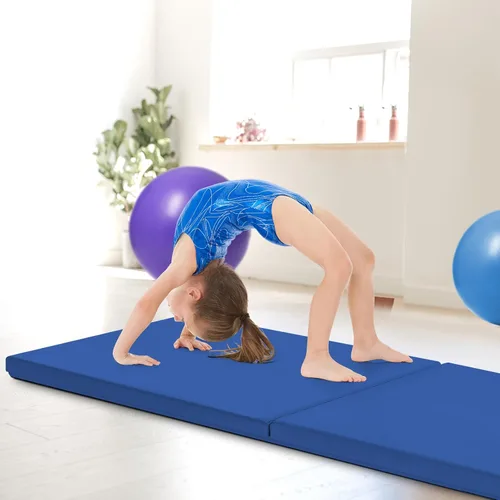 Vista 2 de GYMAX Tapete de ejercicio, 2 x 6 pies, biplegable con asas de transporte, tapete grueso para entrenamiento en casa para gimnasia, pulgar, yoga