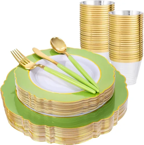 Vista 7 de WDF 30 Invitados - Platos de plástico negro y dorado, platos de Año Nuevo, cubiertos de plástico dorado con mango negro, vajilla desechable barroca
