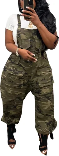Vista 5 de LETSVDO Overol casual de harén para mujer, talla grande, camuflaje, tirantes delgados, sin mangas, pierna ancha, holgado, pantalones