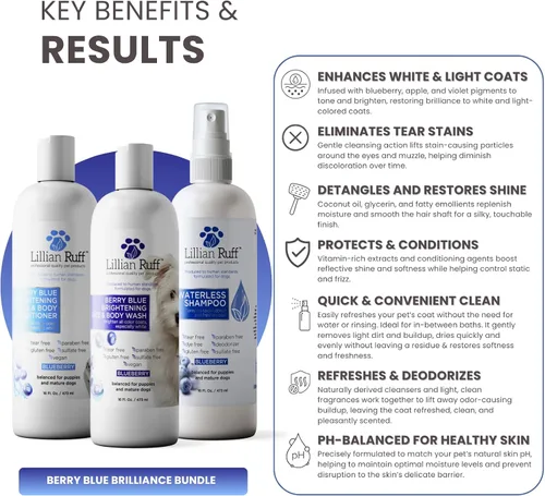 Vista 3 de Lillian Ruff PRO Formula Berry Blue Brilliance Bundle – Juego Eliminador Definitivo de Manchas de Lágrimas y Olores, Incluye Champú Berry Blue