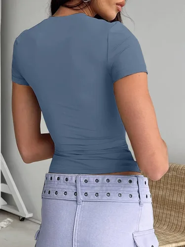 Vista 2 de Abardsion Camiseta corta para mujer, estilo casual, básica, ajustada, manga corta, cuello redondo, ajustada