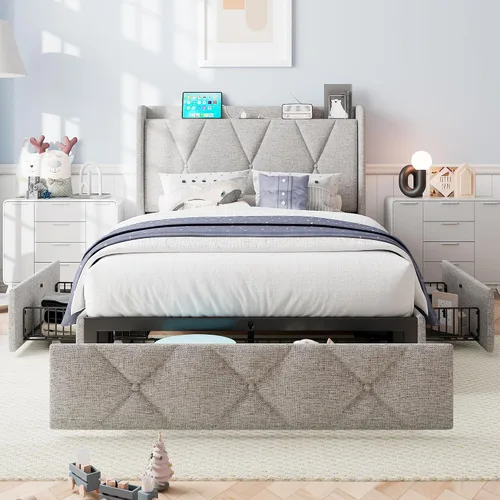 Vista 8 de iPormis - Marco de cama de tamaño matrimonial con 4 cajones de almacenamiento, base de cama tapizada con estación de carga, cabecera de Beige