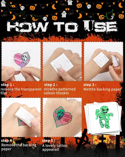 Vista 7 de Para suministros de recuerdos de fiesta de Halloween, 102 tatuajes temporales que brillan en la oscuridad envueltos individualmente para niños
