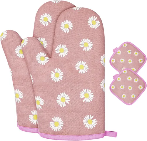 Vista 14 de AUAUY Guantes de horno y soportes para ollas Juego de 6 piezas, guantes de cocina resistentes al calor de 392°F y almohadillas térmicas Guantes