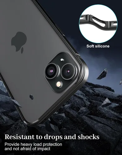 Vista 6 de Funda delgada de metal para iPhone 15, interior de TPU suave + parachoques chapado en metal, soporte de carga inalámbrica, parachoques a prueba