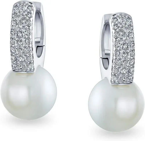 Vista 2 de Elegant Vintage Bridal Jewelry - Milgrain Crown Pave CZ Half Mini Hoop White Glass Ball Pearl Drops Earrings for Women with Omega Back, Exquisite