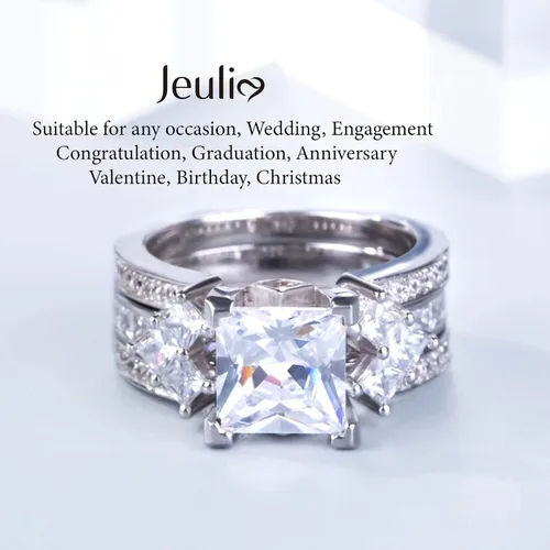 Vista 7 de Jeulia - Juego de anillos de novia de 4.1 quilates para mujer, anillos de compromiso de corte princesa, anillos intercambiables de boda de plata