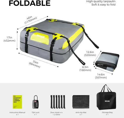 Vista 7 de WELKIN Bolsa de carga resistente para techo – Bolsa de techo impermeable de 15 pies cúbicos para todos los vehículos con/sin portaequipajes