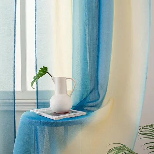 Vista 4 de Cortinas Yancorp traslúcidas de 2 paneles para dormitorio de 63 pulgadas de largo, cortinas de lino azulbeige ombre con bolsillo para barra