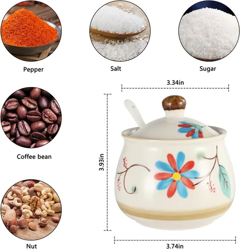 Vista 3 de Azucareros de porcelana Juego de 2 azucareros de cerámica con tapa y cuchara, tarro de almacenamiento de azúcar, recipiente dispensador de azúcar