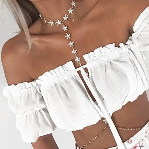 Vista 4 de leveltech Camiseta sin tirantes para mujer con hombros descubiertos y volantes, A-blanco