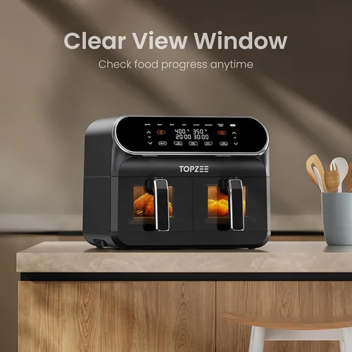 Vista 2 de TOPZEE Freidora de aire grande de 8 cuartos de galón, freidora de aire de doble cesta con ventanas de fácil visión, precalentar, freír con aire