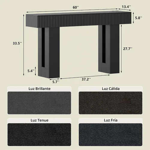 Vista 2 de Mesa de entrada de 60 pulgadas de largo con toma de corriente integrada y luz RGB controlada por aplicación y botón, mesa consola de madera gruesa