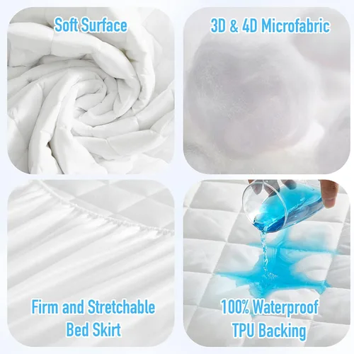Vista 3 de HYLEORY Protector de colchón impermeable tamaño Full XL, cubierta de colchón acolchada transpirable, protector de colchón ajustado impermeable Blanco
