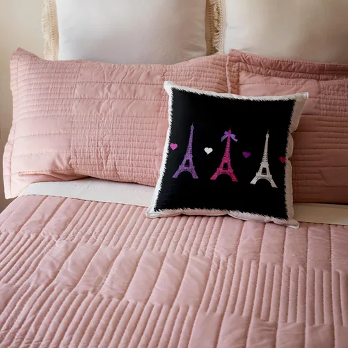 Vista 5 de 3dRose Girly Eiffel Tower - rosa intenso, morado, negro, Torres de París, corazones de amor con estilo francés moderno Francia, funda de almohada
