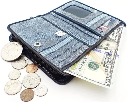 Vista 5 de Bijoux De Ja Upcycling - Cartera compacta para mujer, diseño de mezclilla azul, Mezclilla azul, Francés