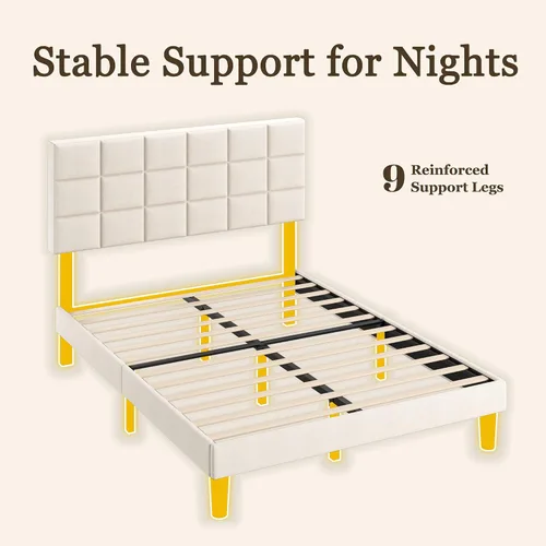 Vista 3 de Fluest Base de cama de plataforma Queen con cabecera alta tapizada de lino, no necesita somier, esponja EVA antirruido, fácil montaje, envío en una