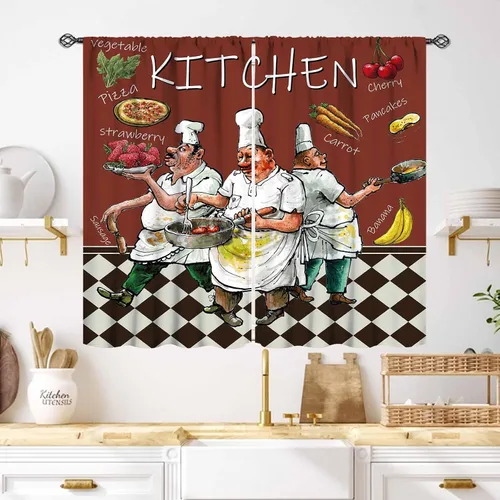 Vista 23 de Cortinas de cocina rústicas, color negro y blanco, tablón de madera con cuchillo y cuchara para barra, bolsillo para barra, tratamiento de ventana