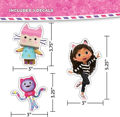 Vista 3 de DreamWorks Gabby's Dollhouse - Juego de 3 calcomanías de vinilo para botella de agua, bicicleta, casco, laptop, monopatín, coche, vinilo resistente