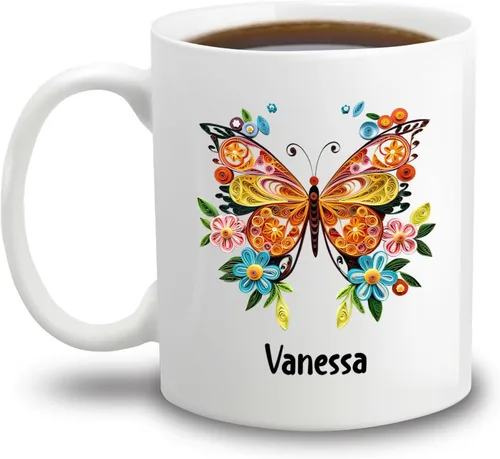 Vista 25 de Taza de café blanca personalizada con nombre de amante de escarabajos, taza de café personalizada de origami de 11 15 onzas, taza de café floral