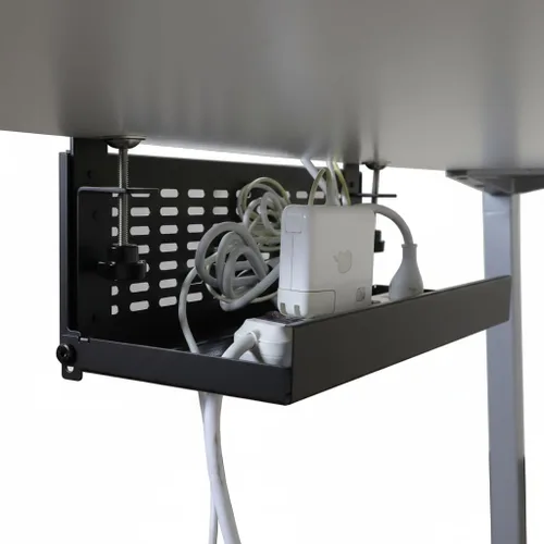 Vista 6 de AEONS Bandeja universal para organizar cables debajo del escritorio, montaje con abrazadera, organizador de panel modesto con bisagras