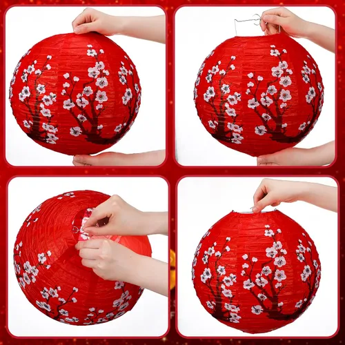 Vista 5 de 13 faroles de papel chinos japoneses con flor de cerezo rojo, farol colgante decorativo Hibachi, decoraciones de fiesta para Año Nuevo chino, hogar