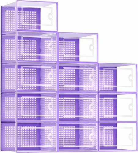Vista 8 de Kuject Cajas grandes de almacenamiento de organizadores de zapatos para armario, paquete de 12 contenedores apilables de plástico transparente